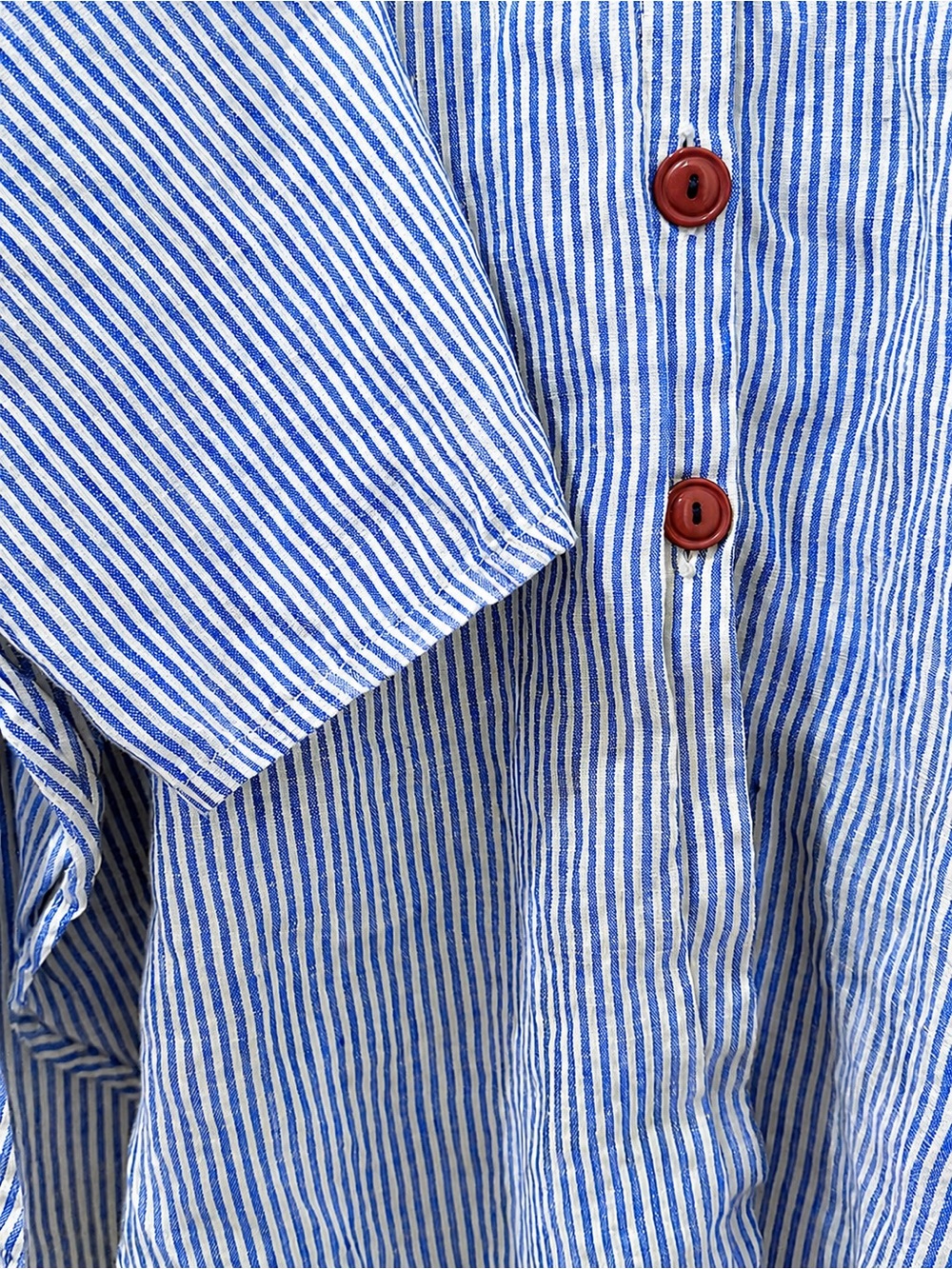 Rare FLAX Jeanne Engelhart Blue Stripe 100% Linen Seersucker Tunic Blouse Top S - Picture 4 of 7